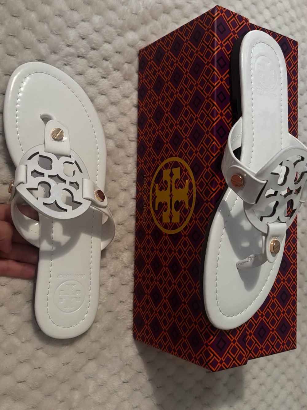Tory Burch White Logo Cutout Thong Sandals with Gold Accents